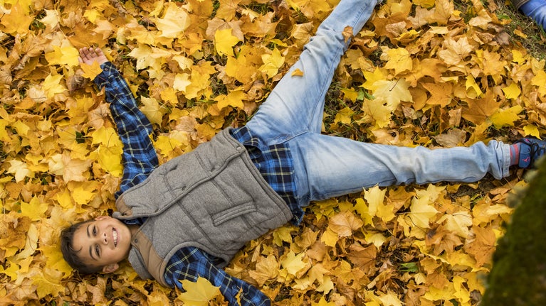 Child playing in Autumn leaves
